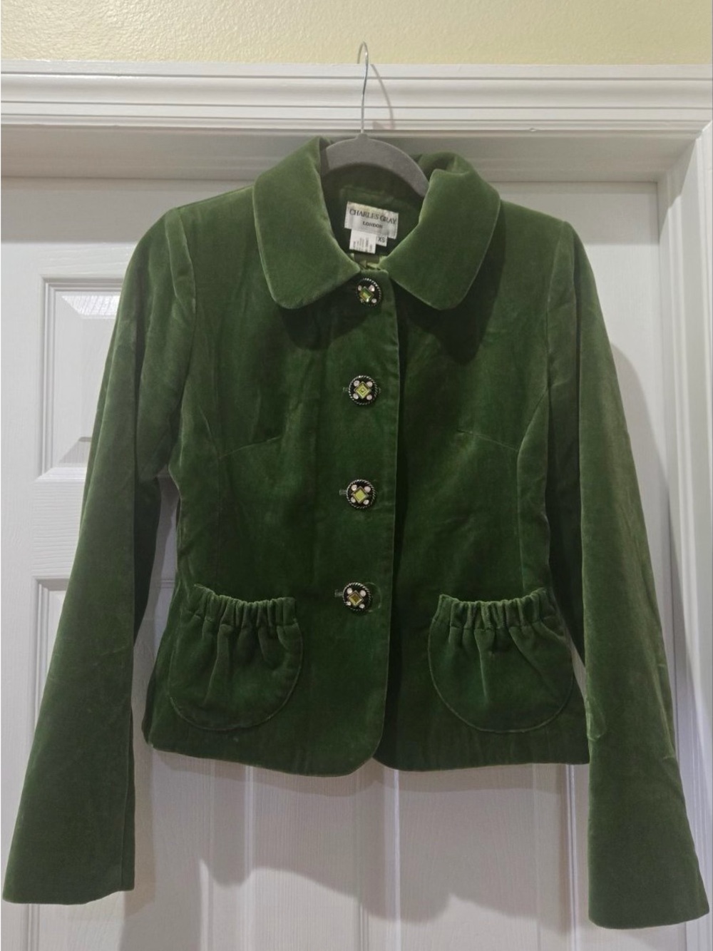 Charles Gray Womens Velvet Green Button-Up Jacket